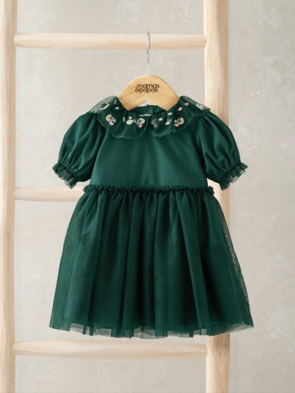 Mamas And Papas Emerald Green Embroidered Collar Dress
